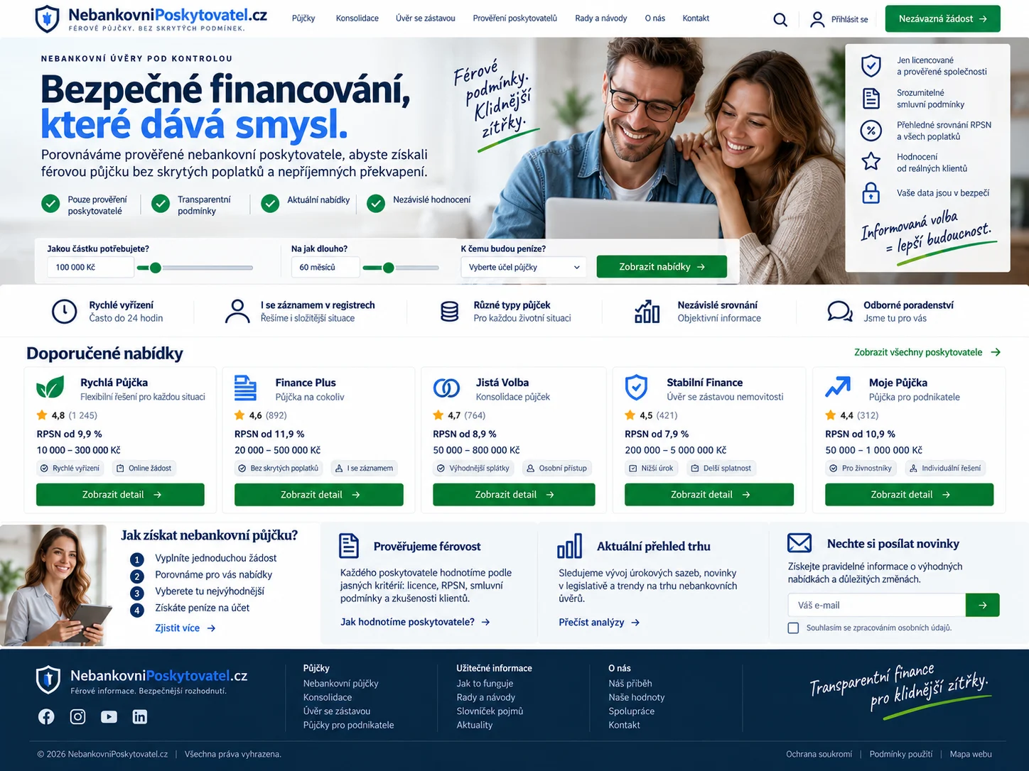 Ilustrační návrh modrozeleného webu NebankovniPoskytovatel.cz se srovnáním nabídek, kalkulačními prvky a finančním obsahem